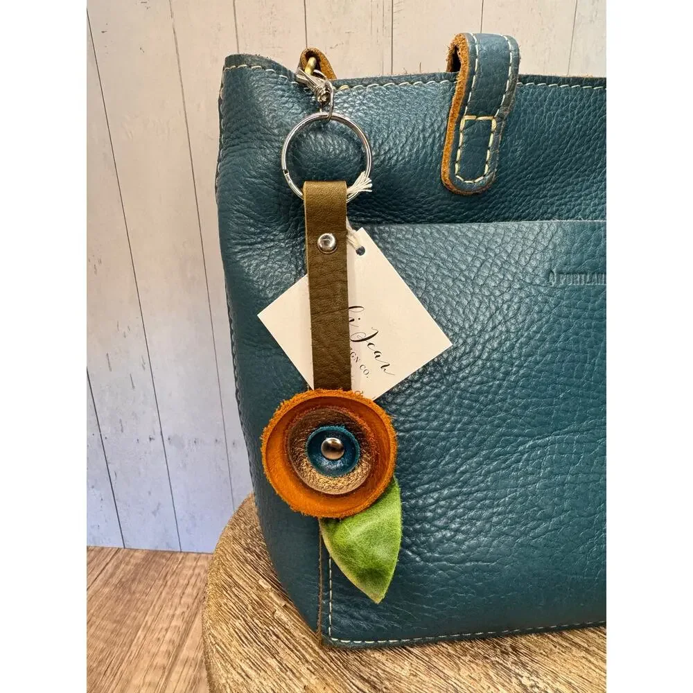 Genuine Leather Round Flower Purse Charm Tan Gold Blue Boho Bag Charm